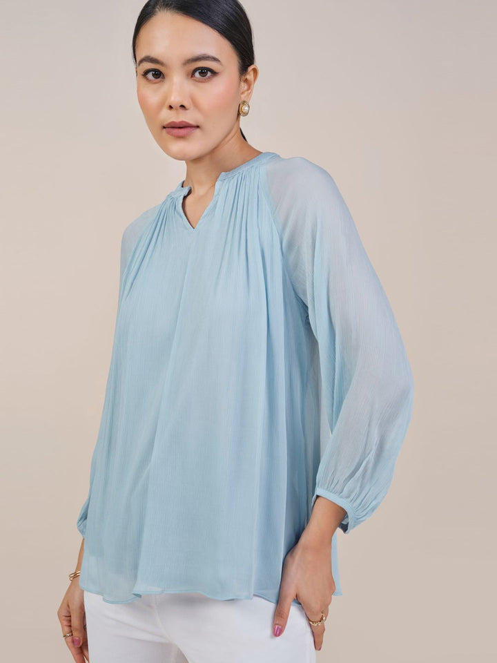 AND Women Solid Puff Sleeves Mandarin Collar Top