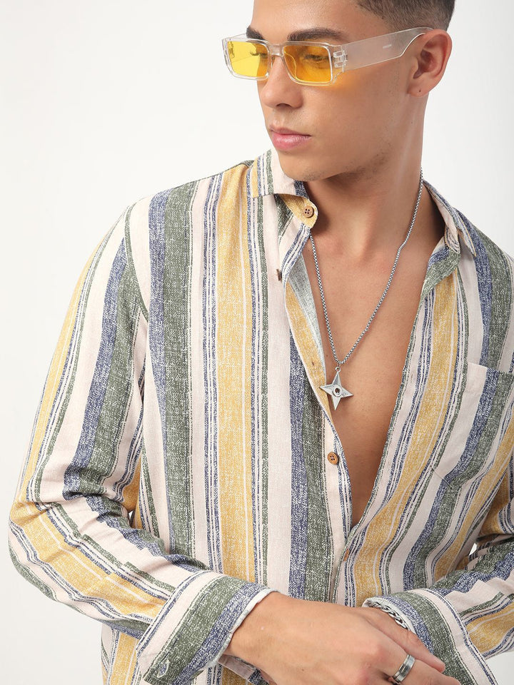 VASTRADO Men Classic Slim Fit Spread Collar Vertical Striped Cotton Casual Shirt