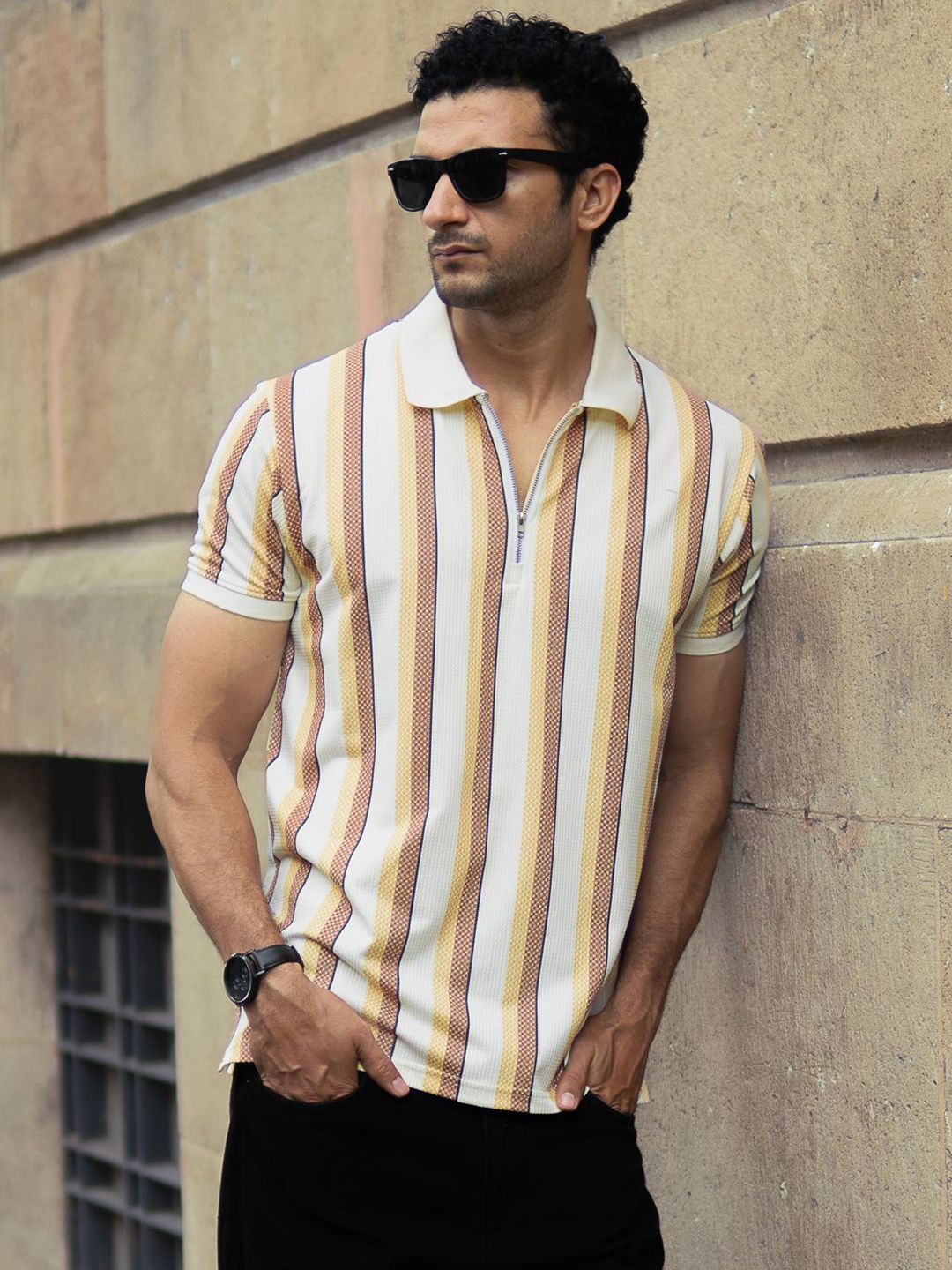 Powerlook Men Mustard Printed Stripe T-Shirt