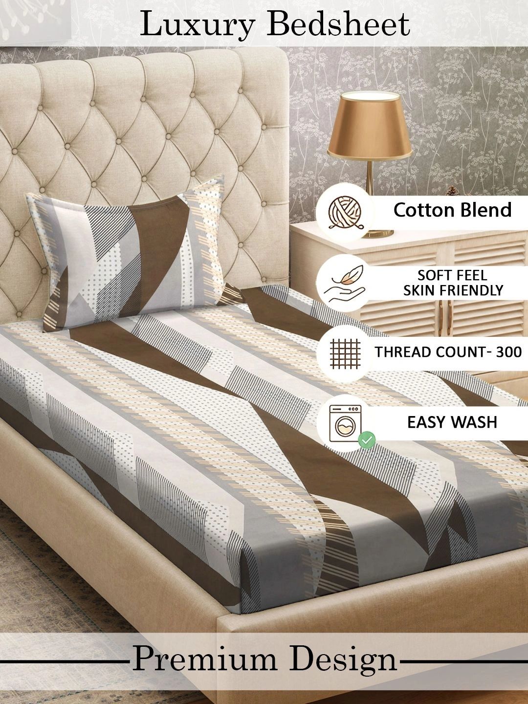 Myntra Elegant Homes White & Brown Geometric 300 TC Single Bedsheet with 1 Pillow Covers