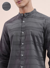 Highlander Men Charcoal Dobby Textured Striped Mandarin Collar Casual Shirt