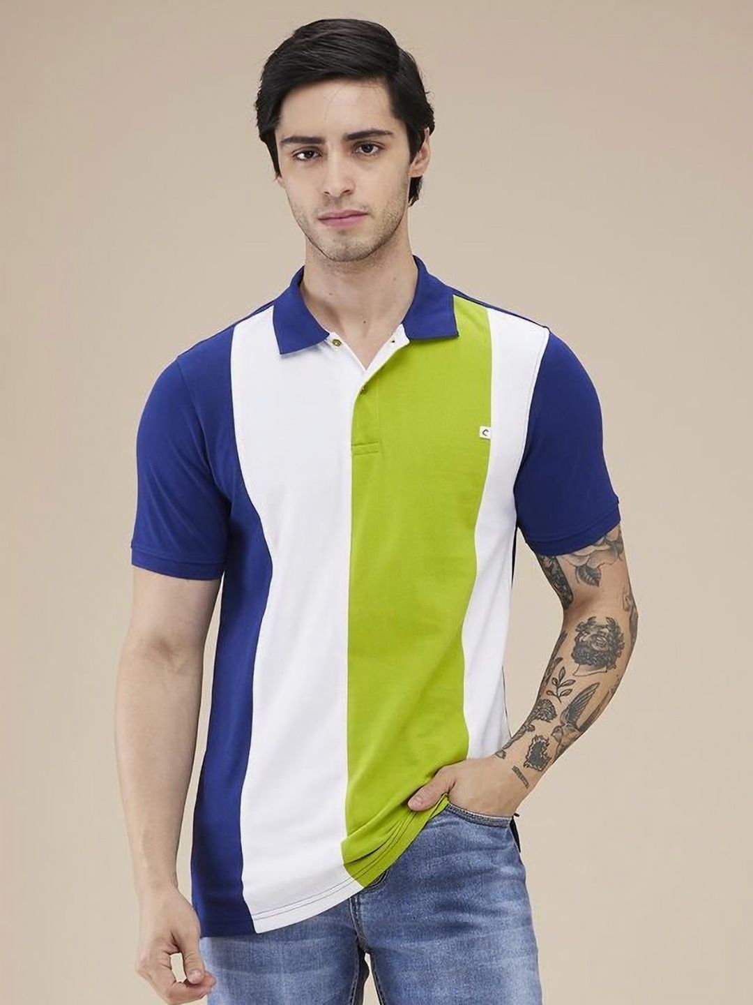 Being Human Men Colourblocked Polo Collar Cotton Slim Fit T-shirt