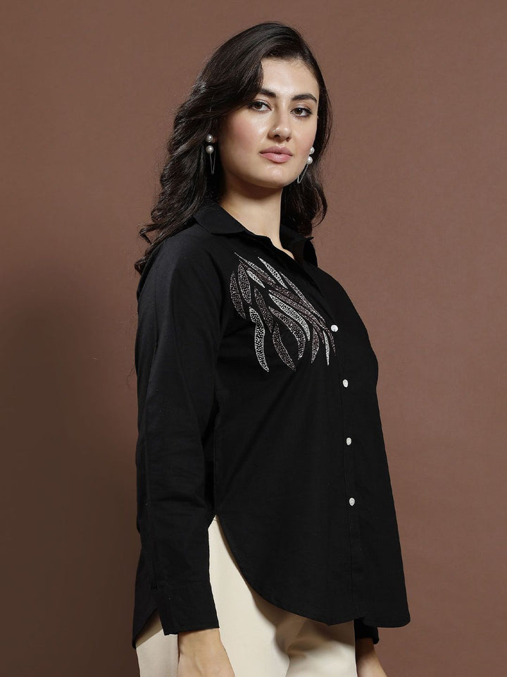 Athena Women Embellished Shirt Collar Cotton Top