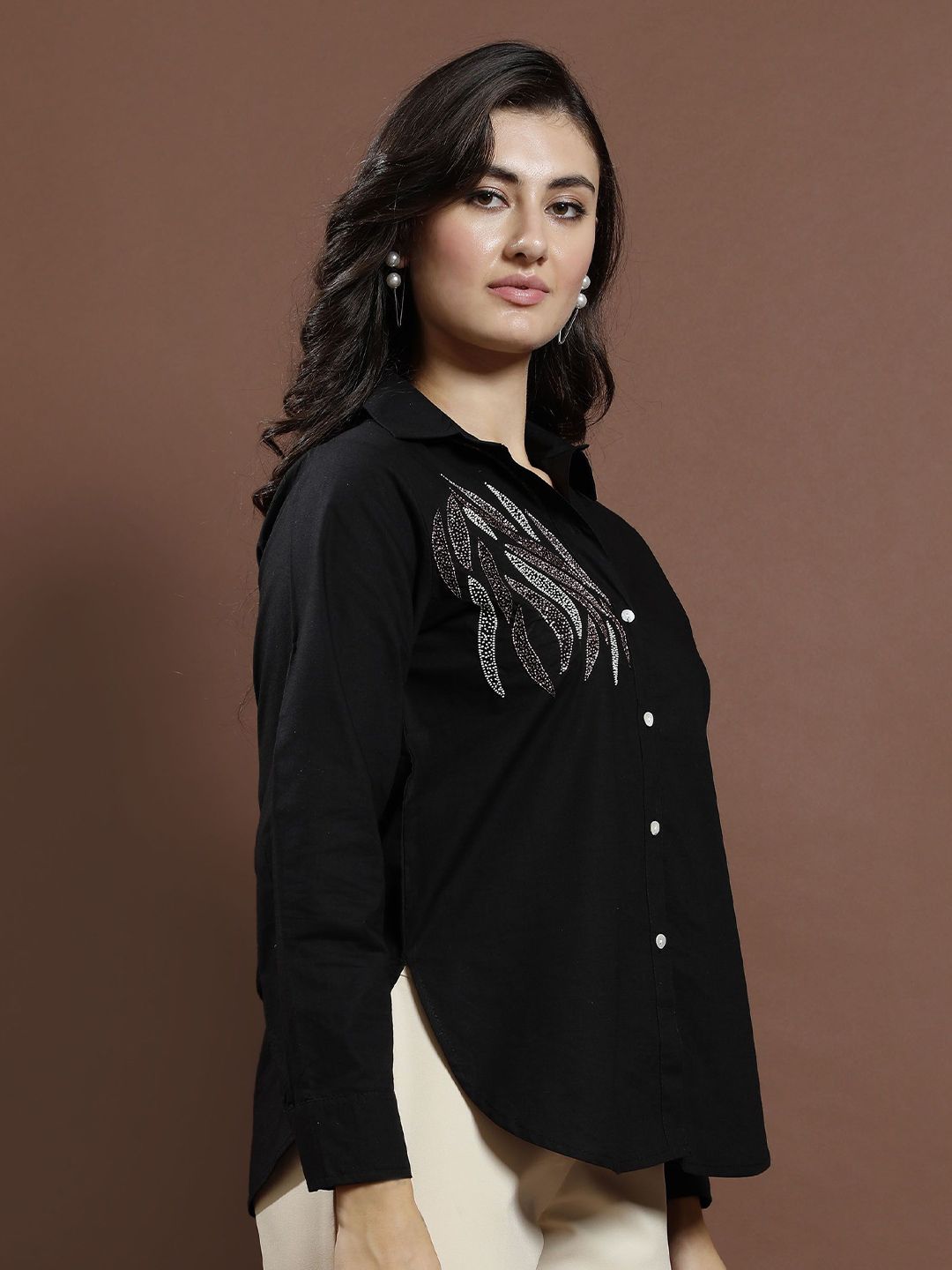 Athena Women Embellished Shirt Collar Cotton Top