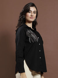 Athena Women Embellished Shirt Collar Cotton Top