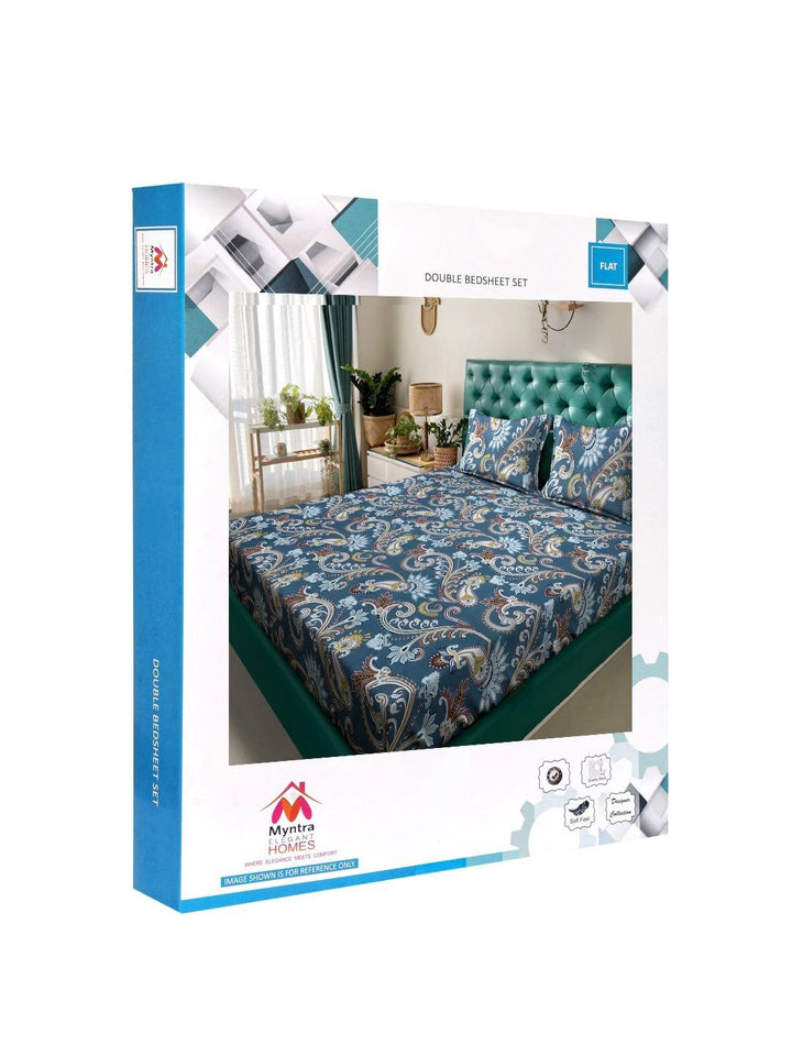 Myntra Elegant Homes Book Fold Blue Ethnic Motifs Polycotton 300 TC King Fine Bedsheet with 2 Pillow Covers-98 x 89 inches