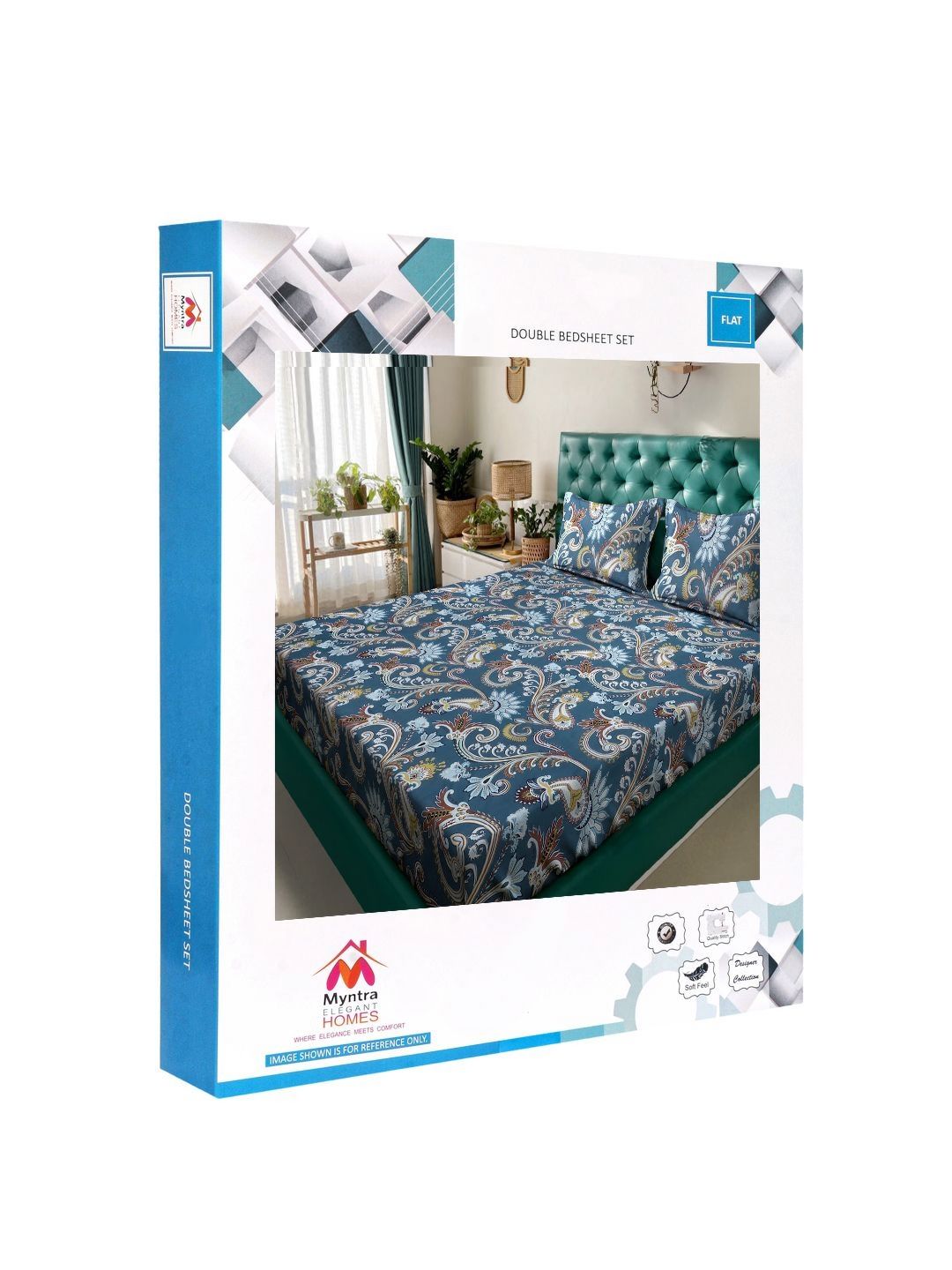 Myntra Elegant Homes Book Fold Blue Ethnic Motifs Polycotton 300 TC King Fine Bedsheet with 2 Pillow Covers-98 x 89 inches