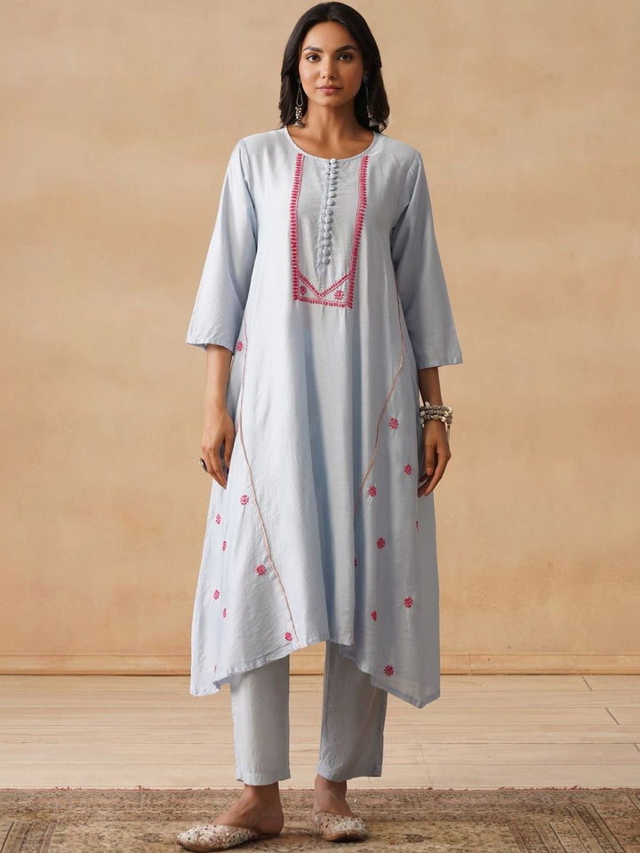 House of Chikankari Women Solid Blue Cotton A-Line Kurta