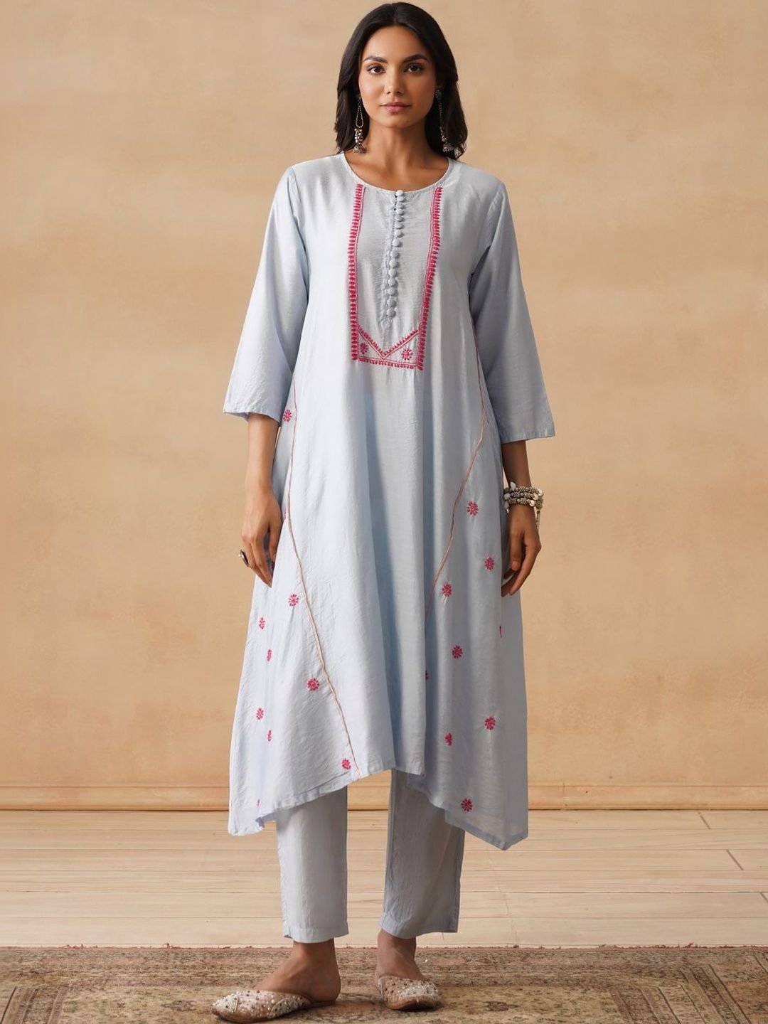 House of Chikankari Women Solid Blue Cotton A-Line Kurta