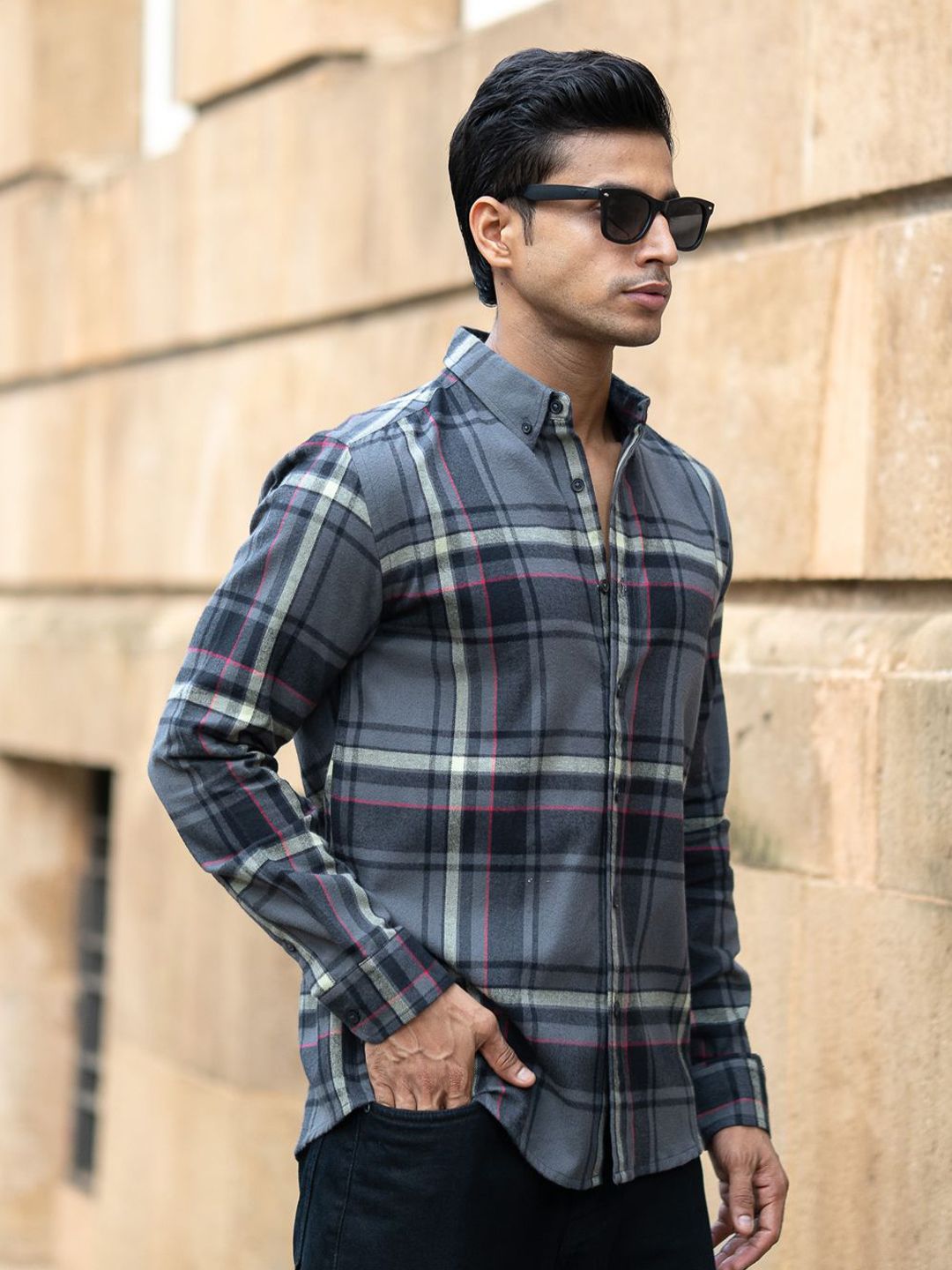 Powerlook Men Tartan Checked Spread Collar Cotton Casual Shirt
