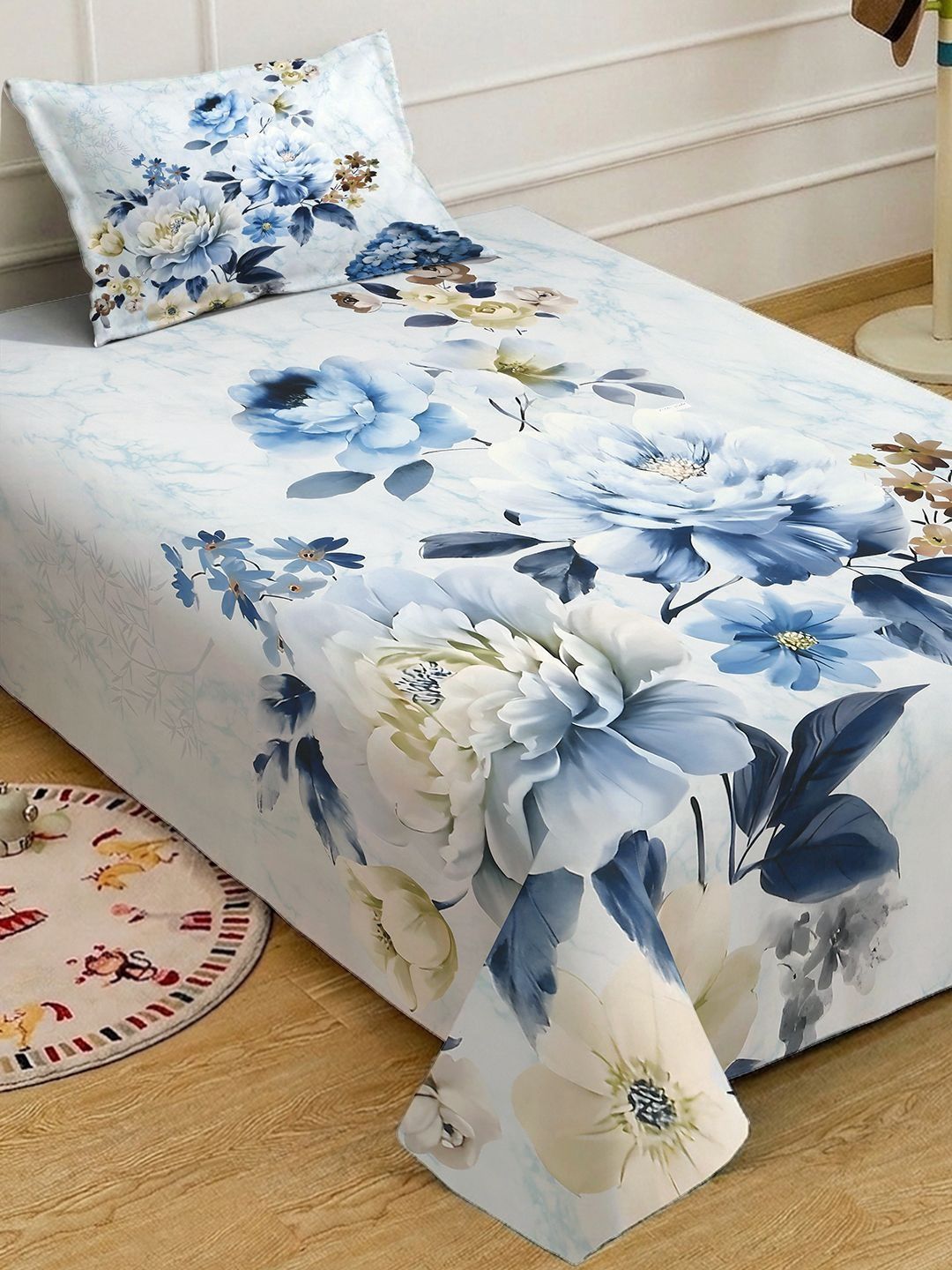 Myntra Elegant Blue Floral Printed Fitted 400 TC Single 7D Bedsheet & 1 Pillow Cover