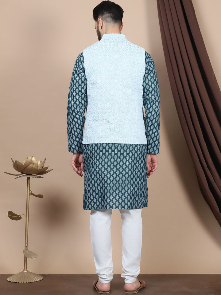 Motif Etnik Hijau Anouk Bercetak Kurta Kapas Tulen Lurus dengan Jaket Churidar & Nehru