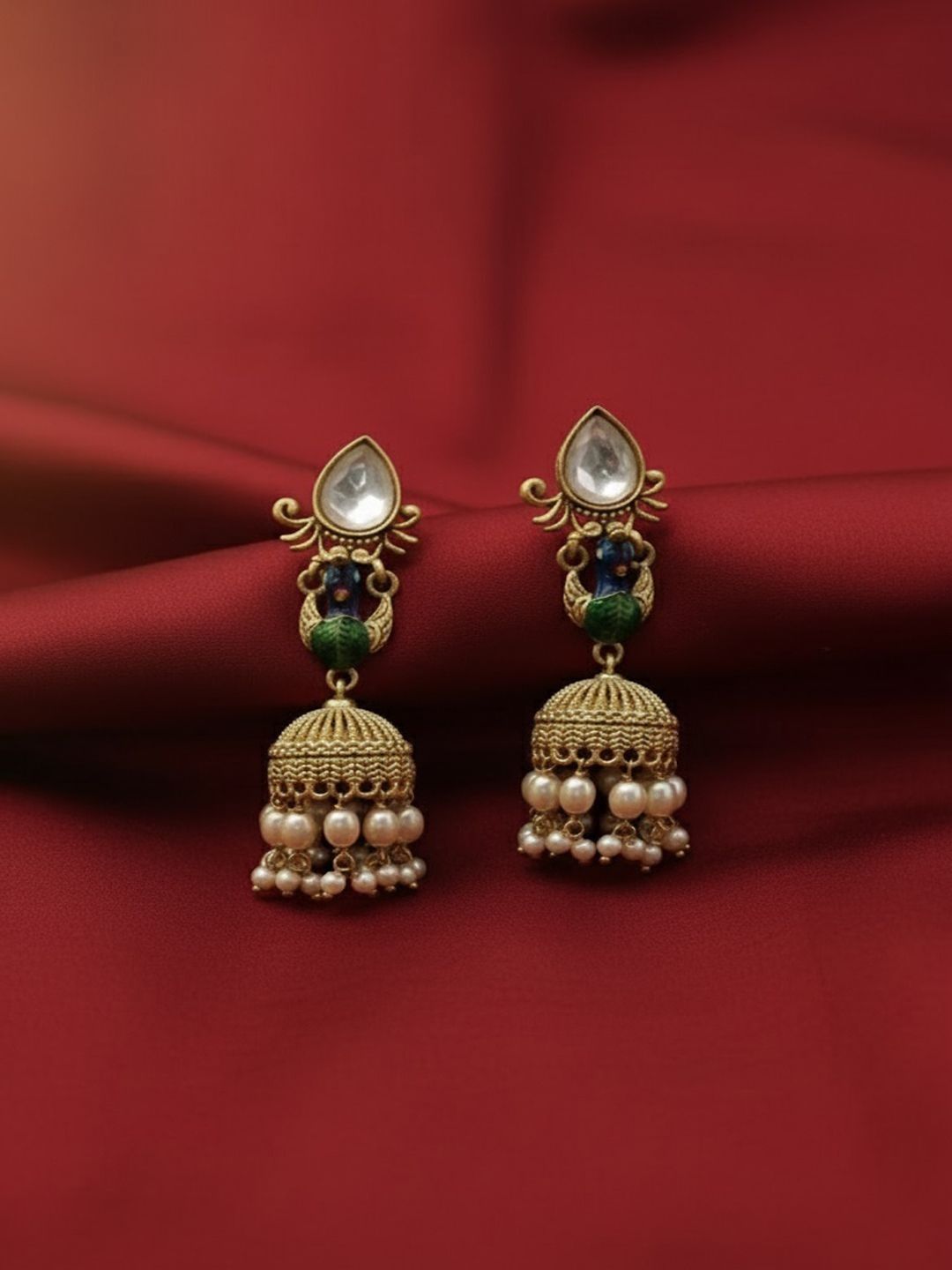 PANASH Batu Tiruan Bersalut Emas Bertampal Dan Manik Mutiara Berbentuk Kubah Jhumkas