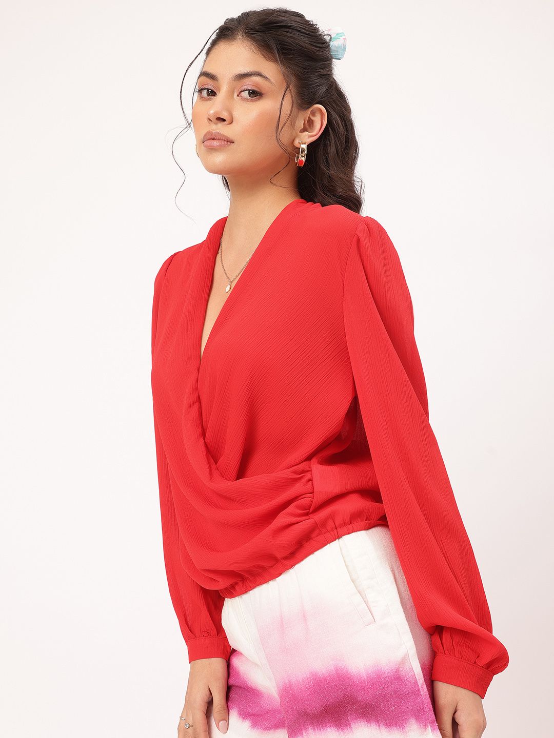 DressBerry Sweet & Spicy Crinkled Fluid Wrap-Style Blouson Top
