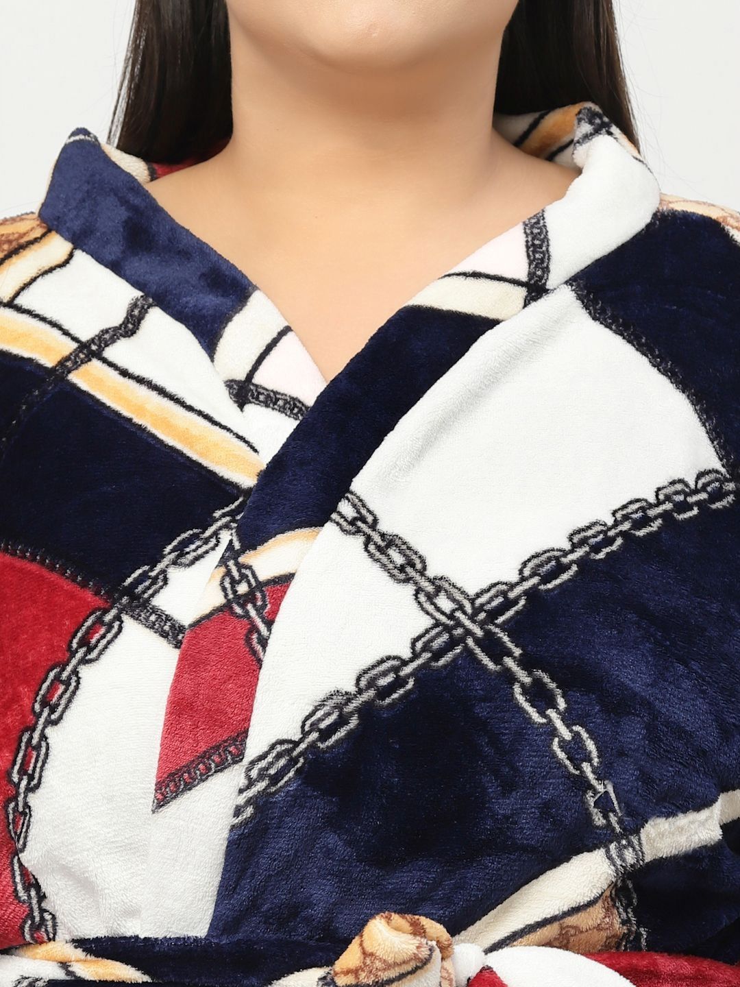 KLOTTHE Plus Size Navy Blue & White Checked Bath Robe With Belt