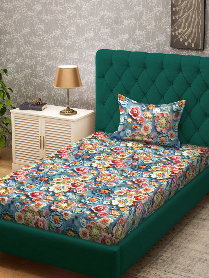 KLOTTHE Biru & Merah Bunga Bercetak 300 TC Cadar 7D Tunggal Dengan Sarung Bantal- 2.25mx1.5m