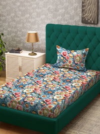 KLOTTHE Biru & Merah Bunga Bercetak 300 TC Cadar 7D Tunggal Dengan Sarung Bantal- 2.25mx1.5m