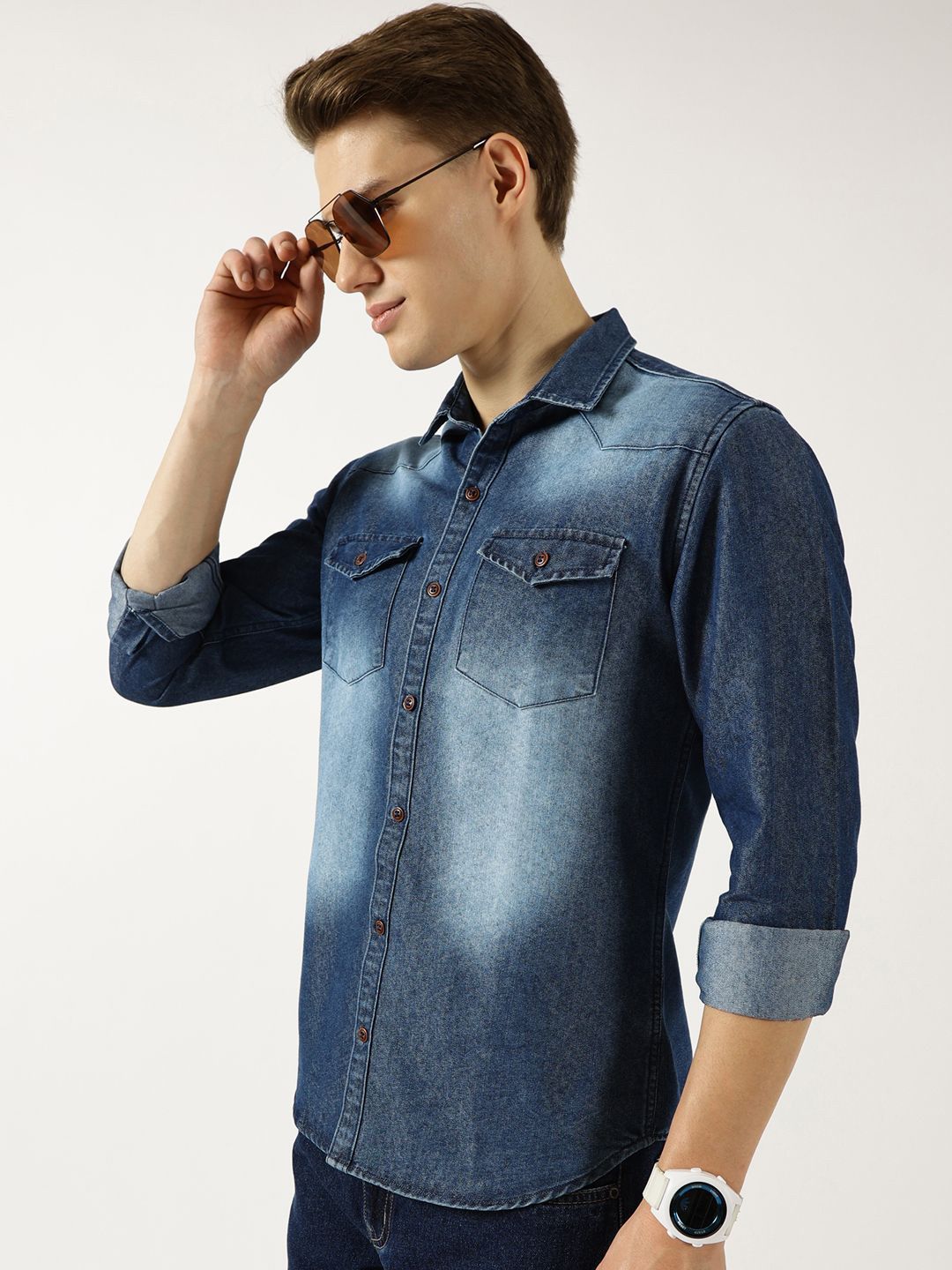 Thomas Scott Men Classic Spread Collar Faded Cotton Slim Fit Casual Shirt