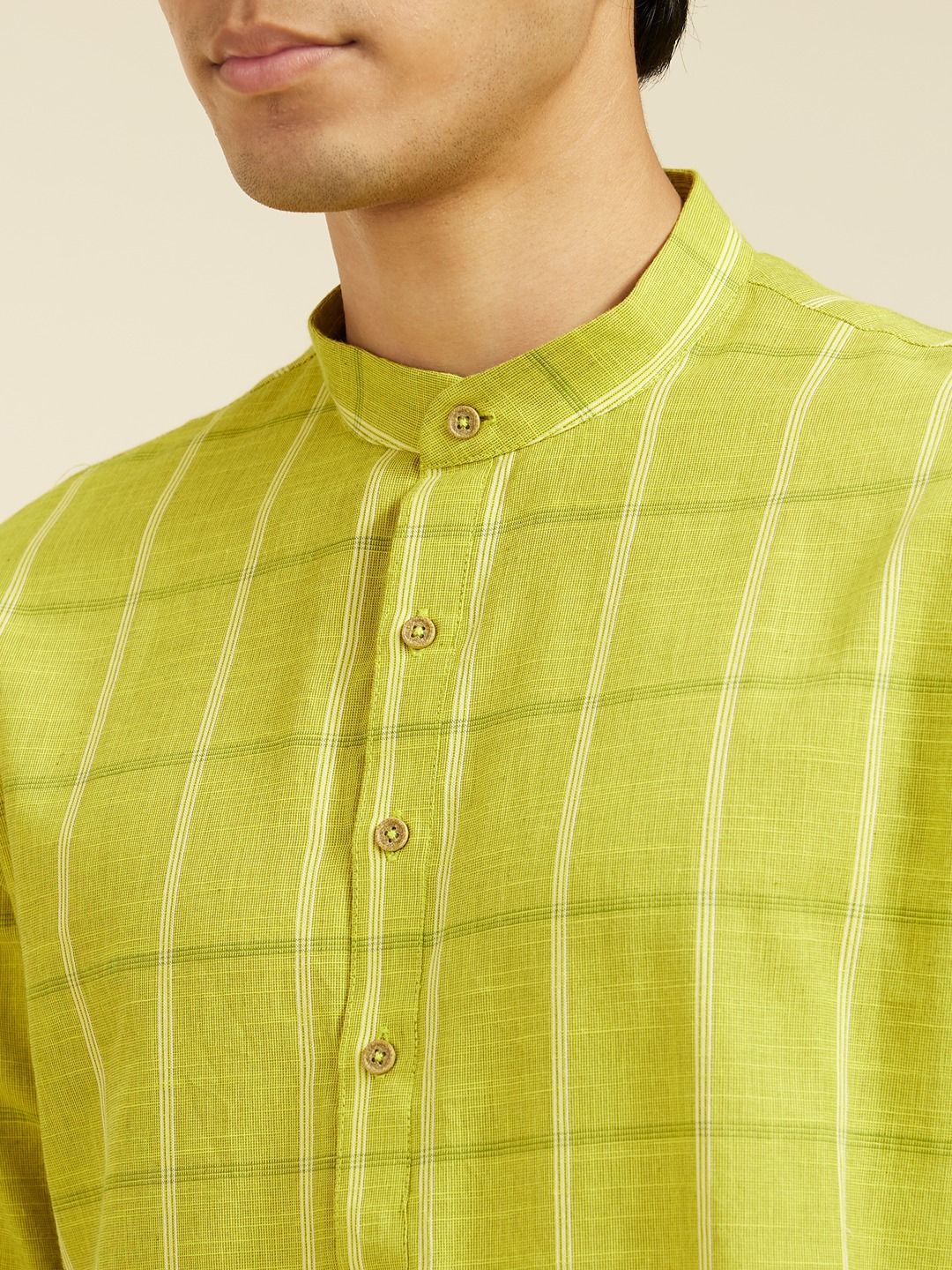 Diwas by Manyavar Checked Mandarin Collar Cotton Straight Kurta