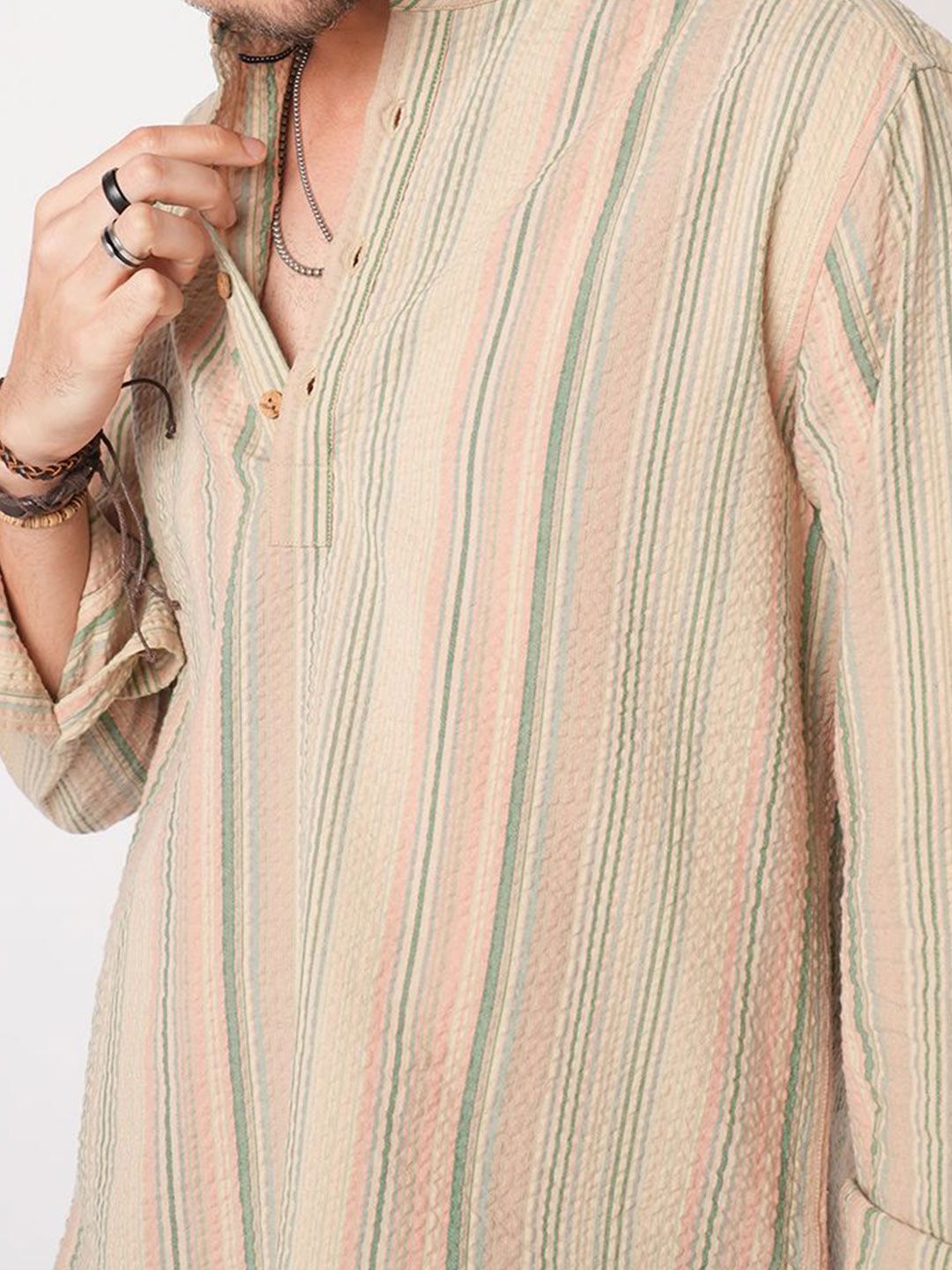 VASTRADO Men Striped Band Collar Straight Cotton Kurta