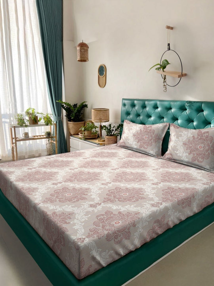 KLOTTHE Beige Ethnic Motifs Polycotton 300 TC King Fine Bedsheet with 2 Pillow Covers-98 x 89 inches
