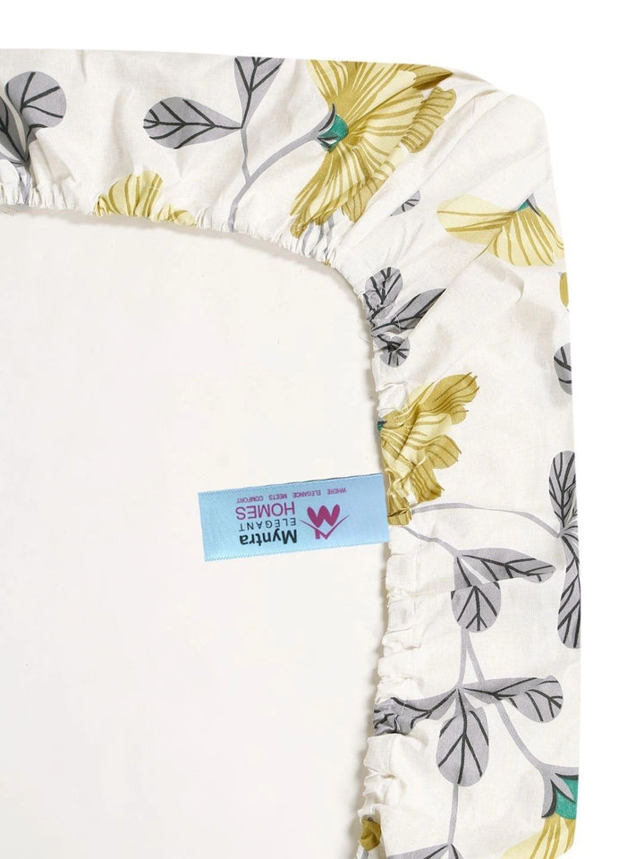 Myntra Elegant Homes White & Mustard Floral 300 TC King Cadar dengan 2 Sarung Bantal