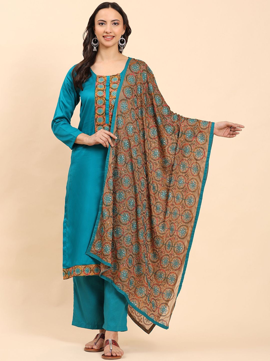 Mamicha Women Floral Embroidered Regular Pure Cotton Kurta with Palazzos & With Dupatta