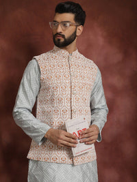 Motif Etnik Kelabu Anouk Bersulam Kurta Lurus Dengan Jaket Churidar & Nehru