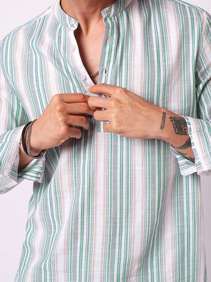 VASTRADO Retro Shoreline Azure Striped Band Collar Cotton Kurta