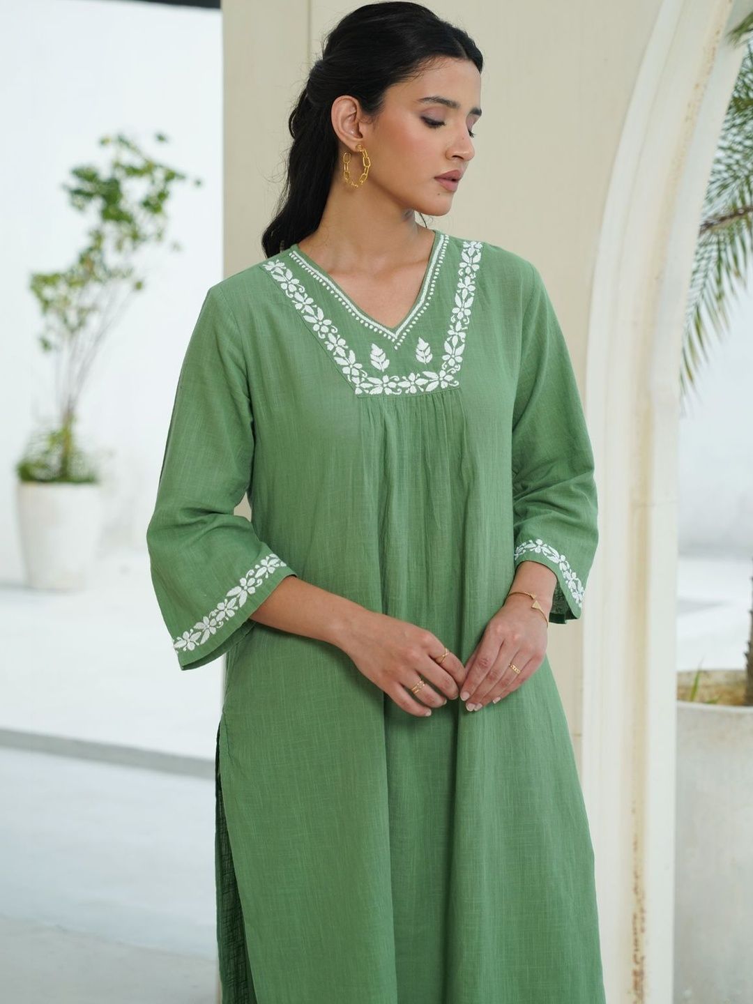 House of Chikankari Wanita 2 Keping Kurta Kapas Tulen Biasa dengan Set Seluar