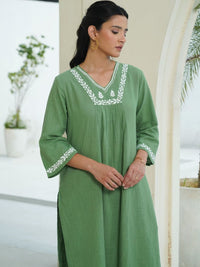 House of Chikankari Wanita 2 Keping Kurta Kapas Tulen Biasa dengan Set Seluar