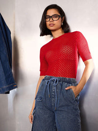 SASSAFRAS Crochet Round Neck Half Sleeve Beach Cover-up Top