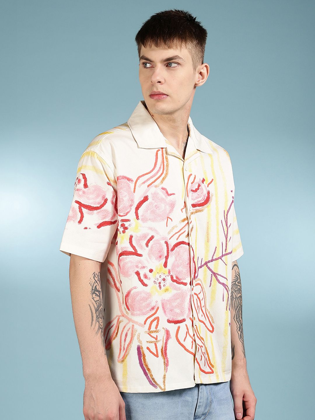 Eszett Men Floral Printed Cuban Collar Pure Cotton Casual Shirt