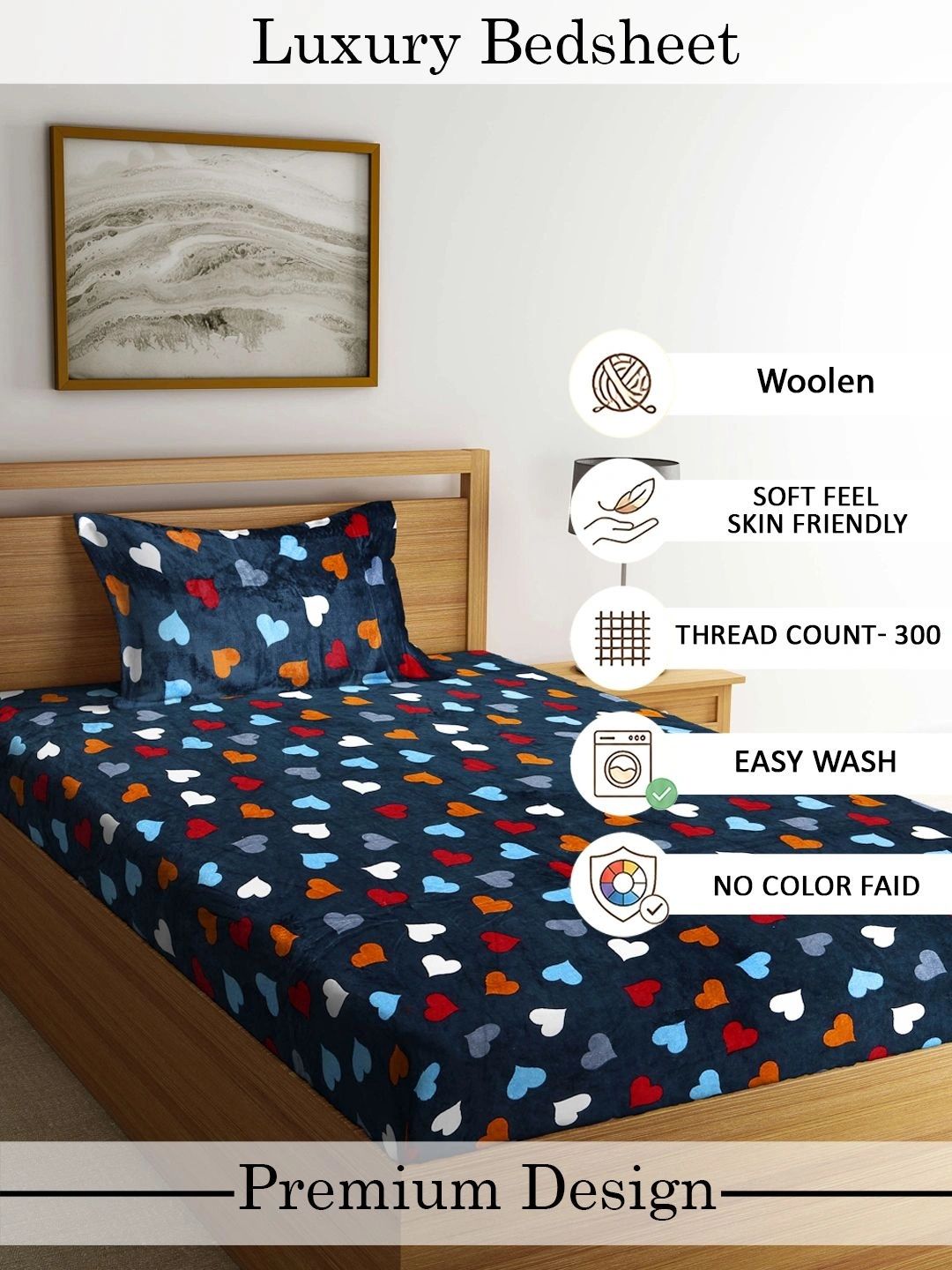 Myntra Elegant Homes Navy Blue Fitted 300 TC Wool Single Bedsheet with 1 Pillow Covers