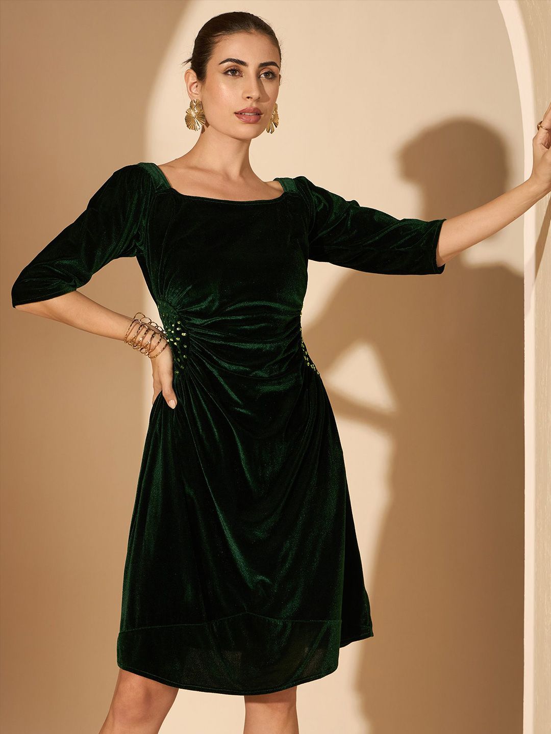 Antheaa Women Velvet embellished on the waist A-Line Dress