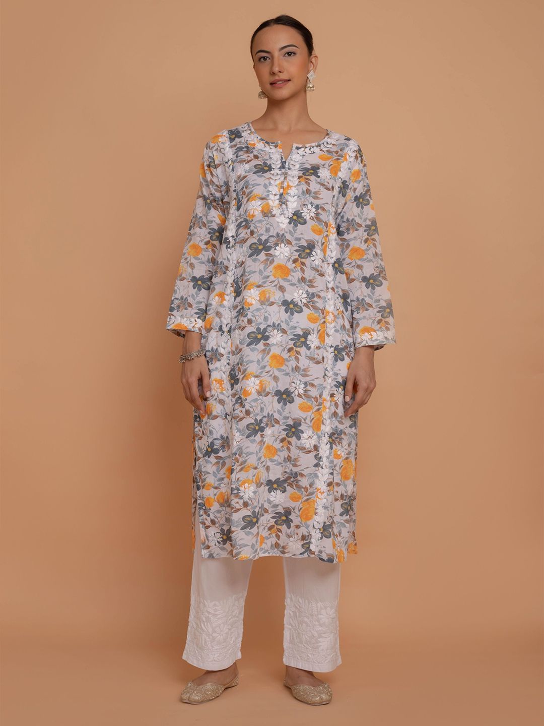 HOUSE OF KARI Floral Printed Notched Neck Chikankari Pure Cotton Straight Kurta