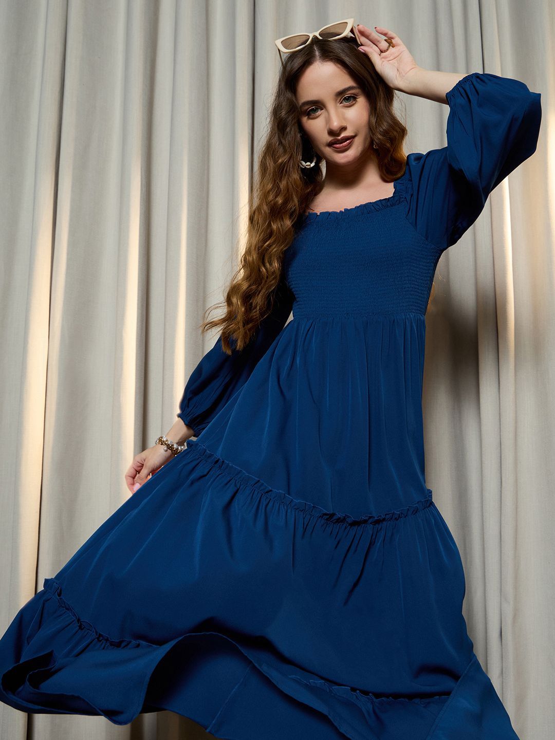 Berrylush Women Tiered Smocked Details Puff Sleeve A-Line Maxi Dress
