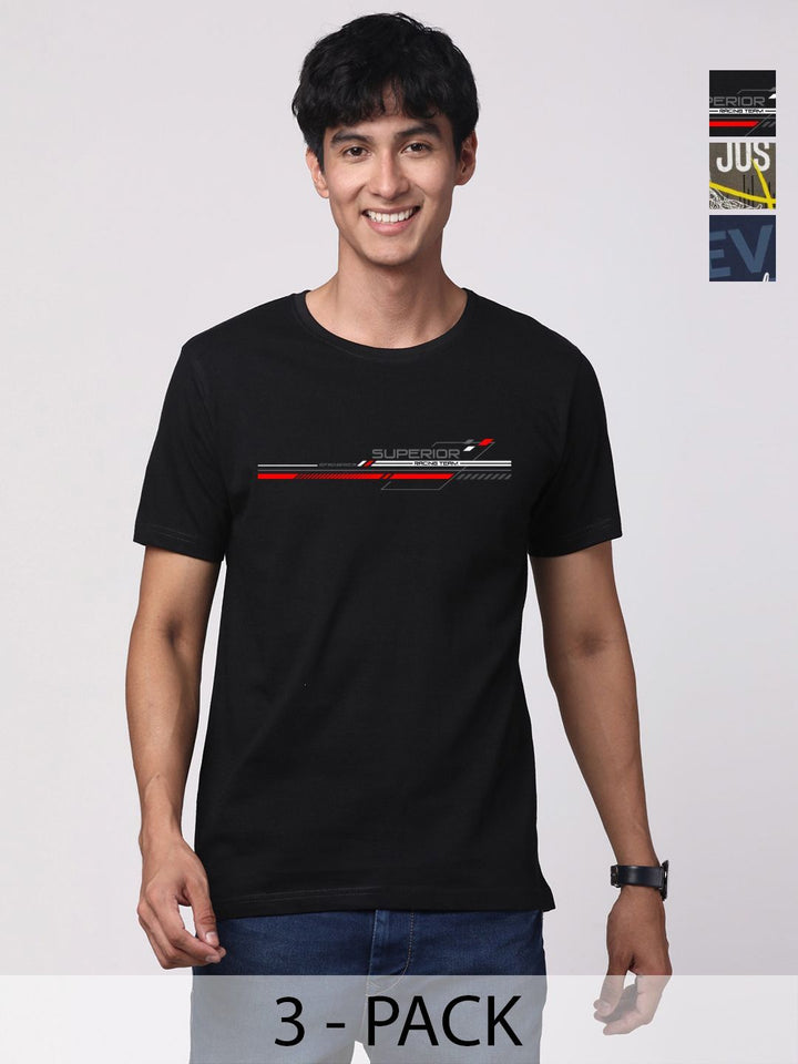 ADRO Pack of 3 Printed Round Neck Cotton T-shirt