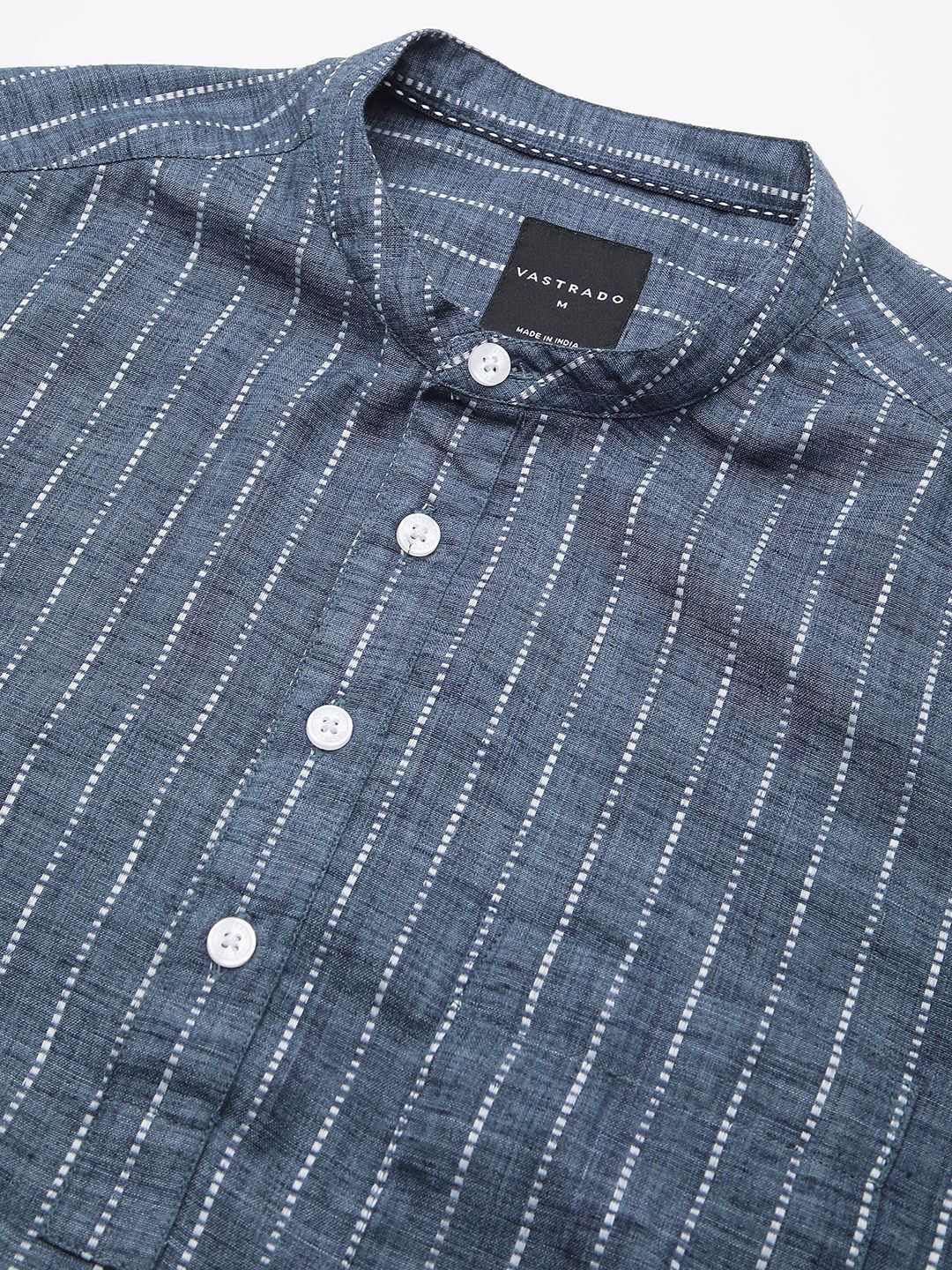 VASTRADO Pure Cotton Striped Mandarin Collar Dobby A-Line Short Kurta