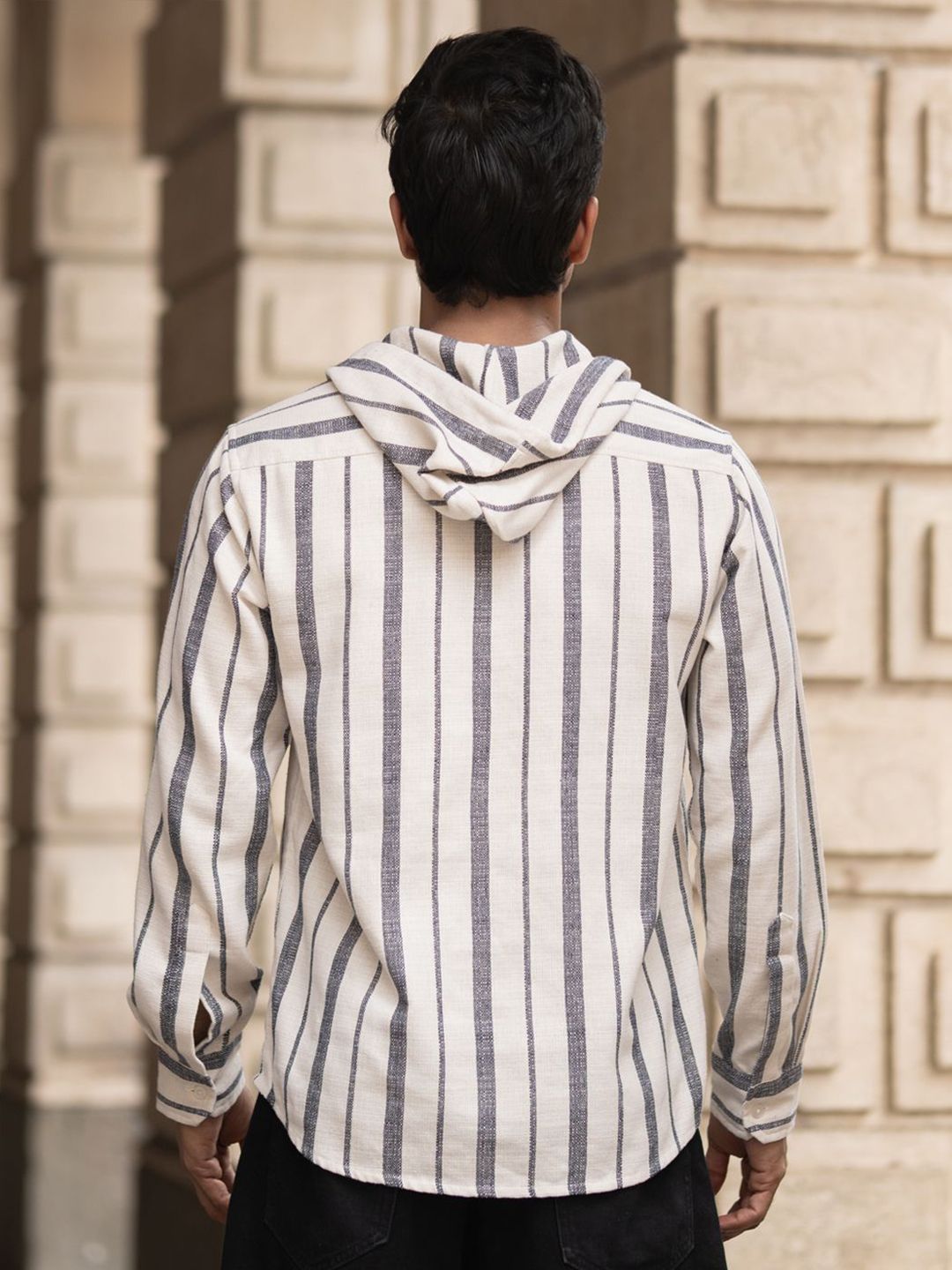 Powerlook Men Vertical Striped Hooded Casual Shirt