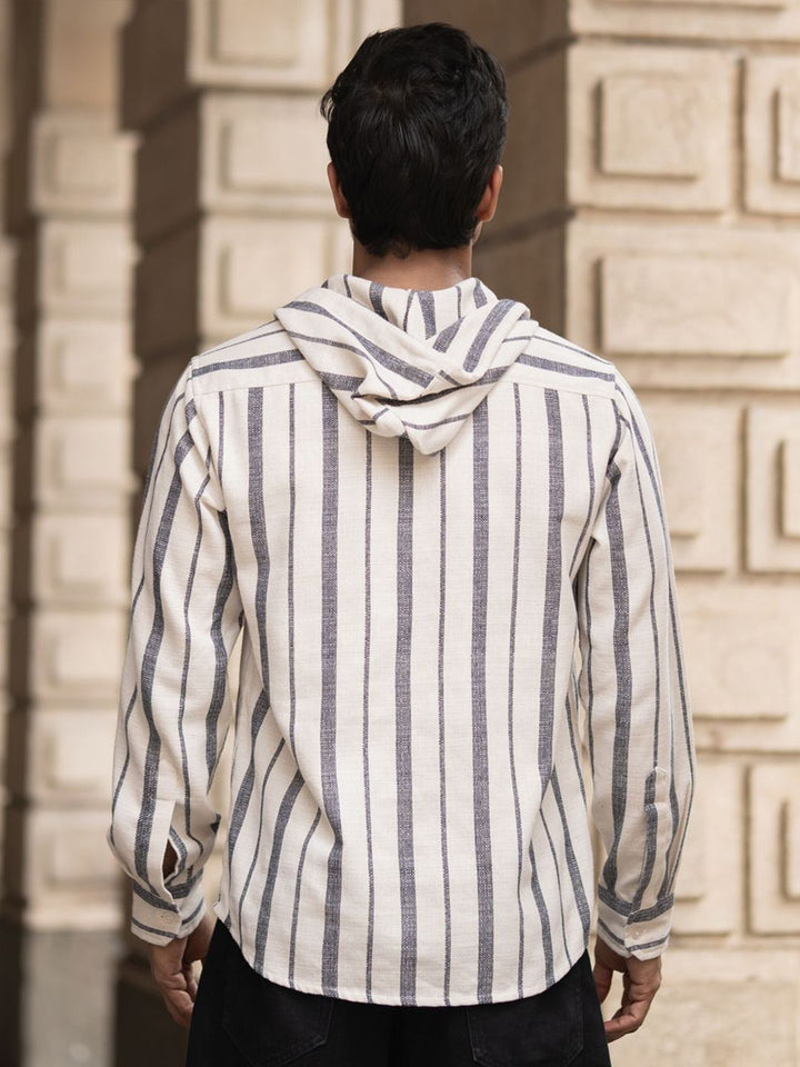 Powerlook Men Vertical Striped Hooded Casual Shirt