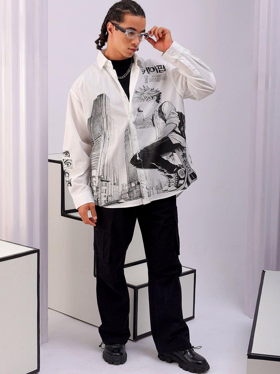 The Indian Garage Co Men Anime Printed Cotton Oversized Boxy Streetwear Shirt