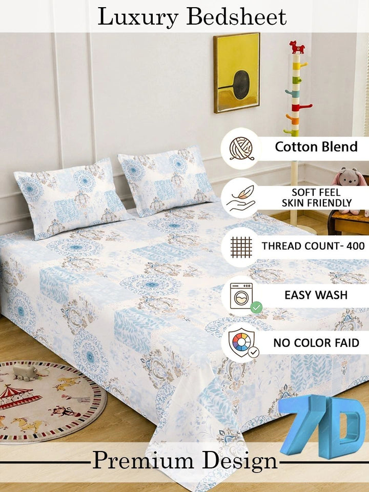 KLOTTHE Blue Geometric Printed Fitted 400 TC King 7D Bedsheet with 2 Pillow Covers