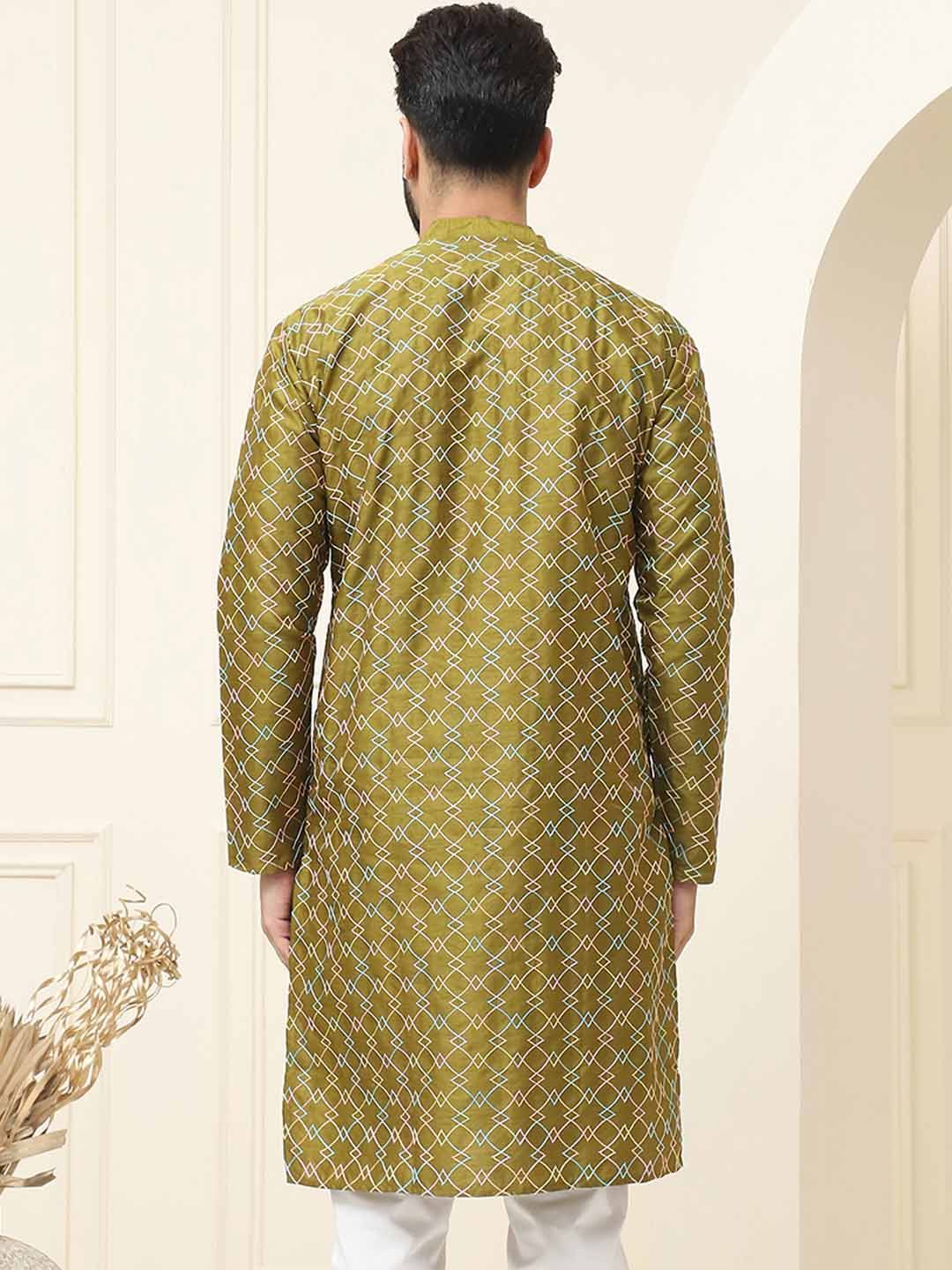 SOJANYA Kolar Jalur Sulam Geometrik Lengan Panjang Kurta Lurus Sutera