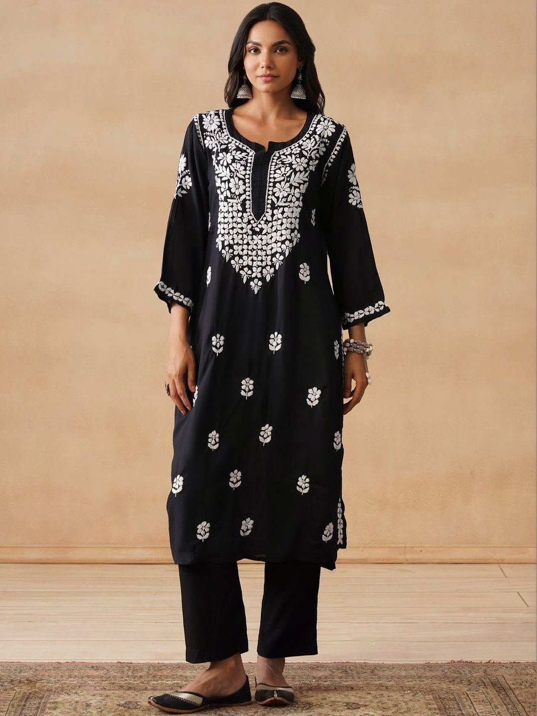 House of Chikankari Women Solid Black Modal Kurta