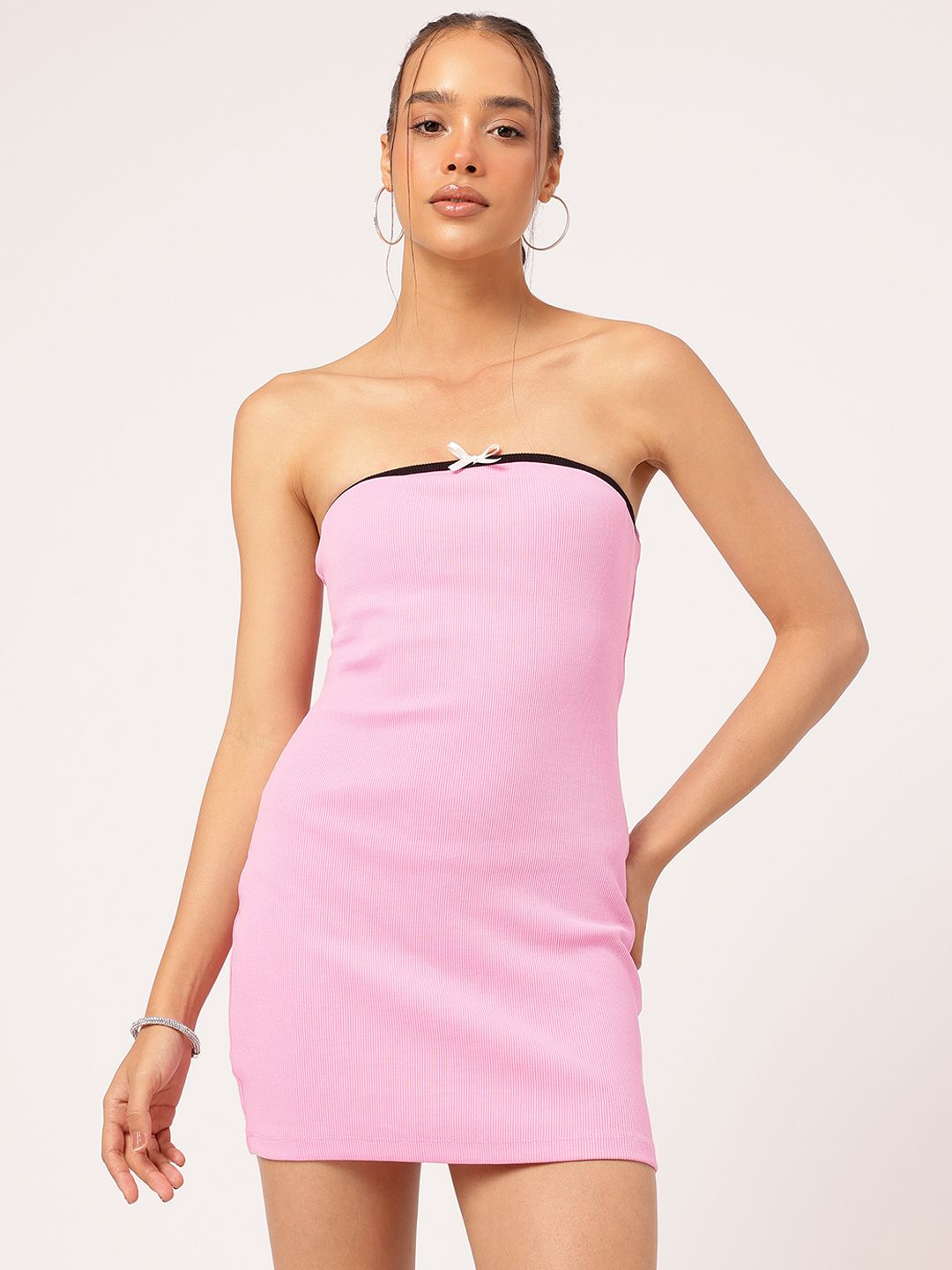 DressBerry Girly Glam Bow Ribbed Mini Bandeau Dress