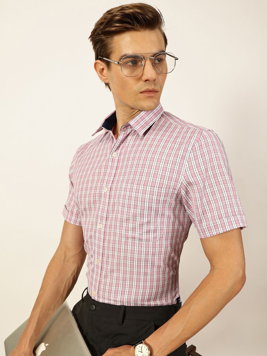 Thomas Scott Men Smart Spread Collar Tartan Checked Cotton Formal Shirt