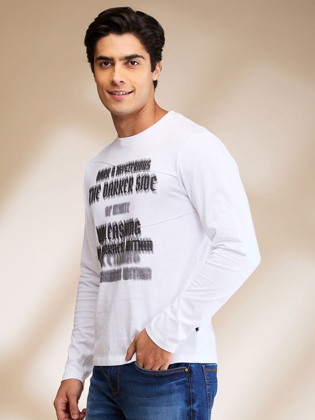 Being Human Men White Cotton Round Neck Full Sleeves Typography Applique Slim Fit T-shirt