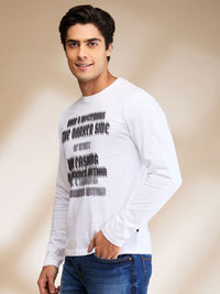 Being Human Men White Cotton Round Neck Full Sleeves Typography Applique Slim Fit T-shirt