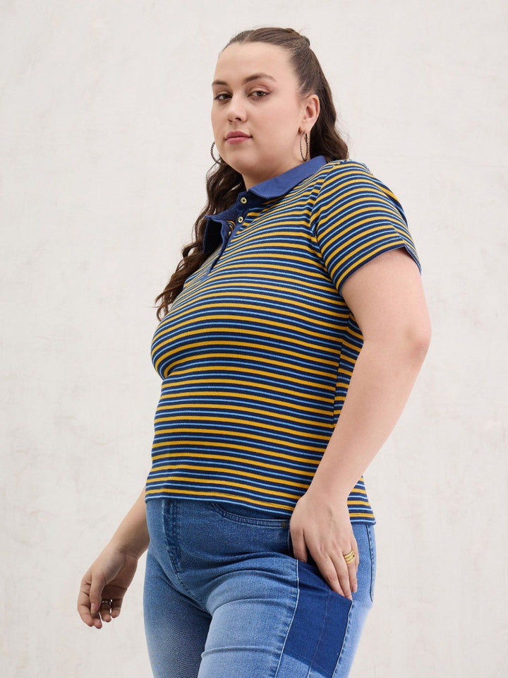 SASSAFRAS Curve Women Striped Polo Collar Pockets T-shirt